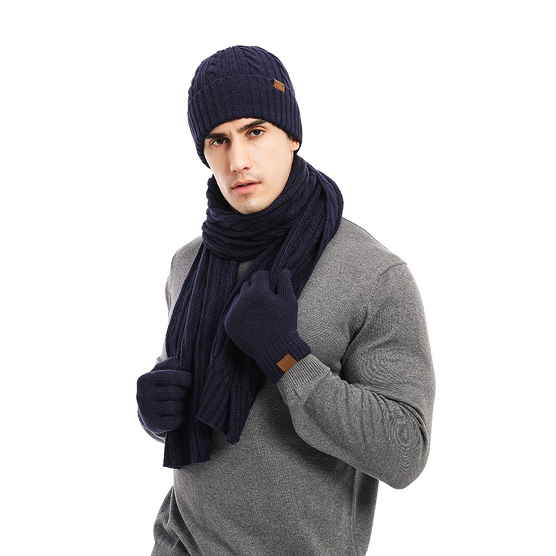 3PC Twist Pattern Wool Cashmere Beanie Scarf Gloves Set 7