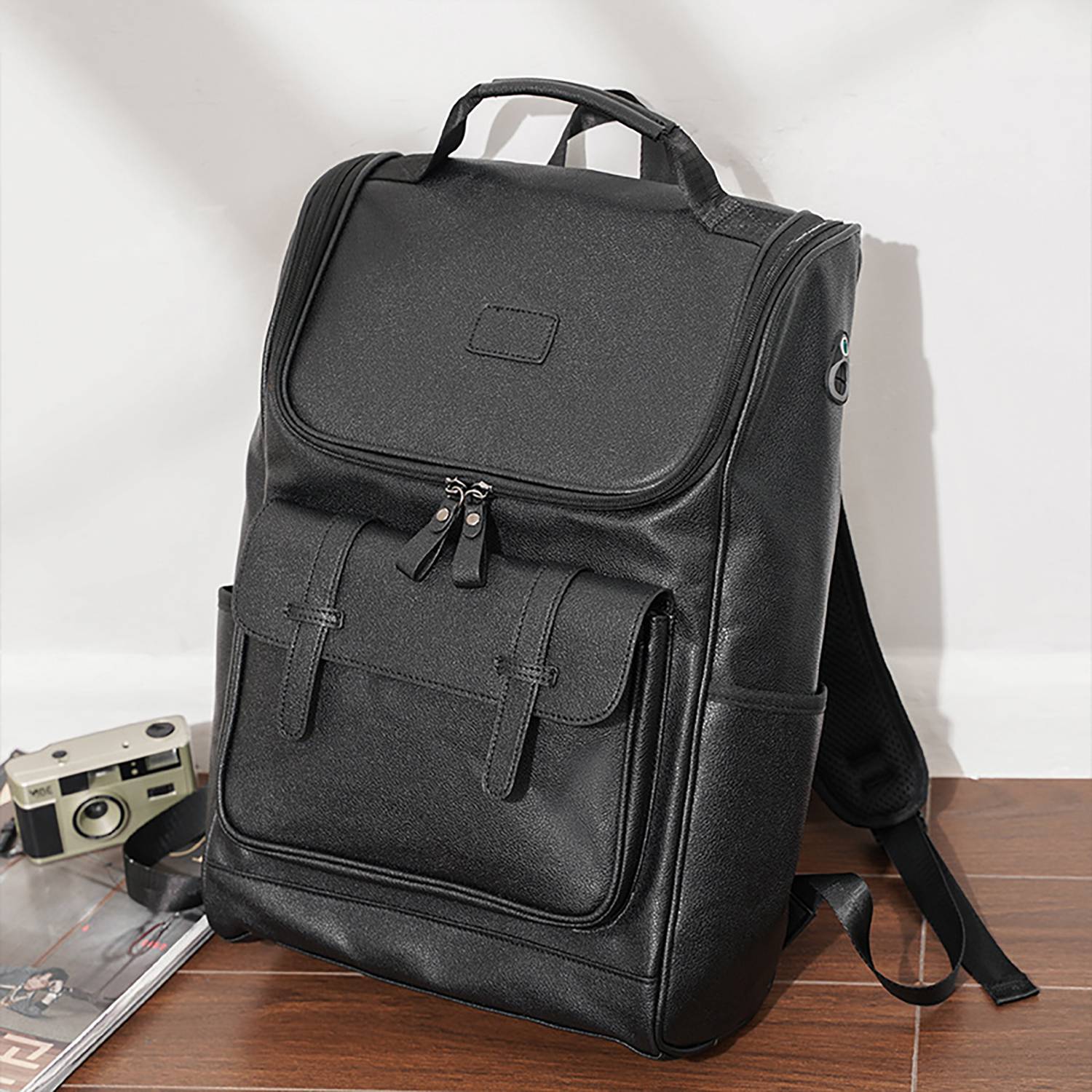 Large-Capacity PU Leather Student Backpack w/ USB Port 5