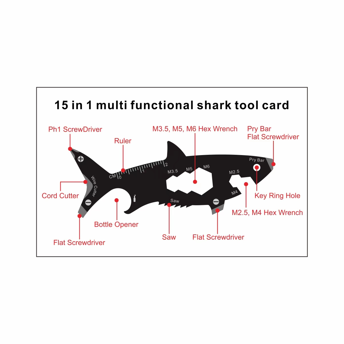 GearCard 15-in-1 Shark-Shaped Multi-Tool Card – Stainless Steel Wallet EDC Gadget 16