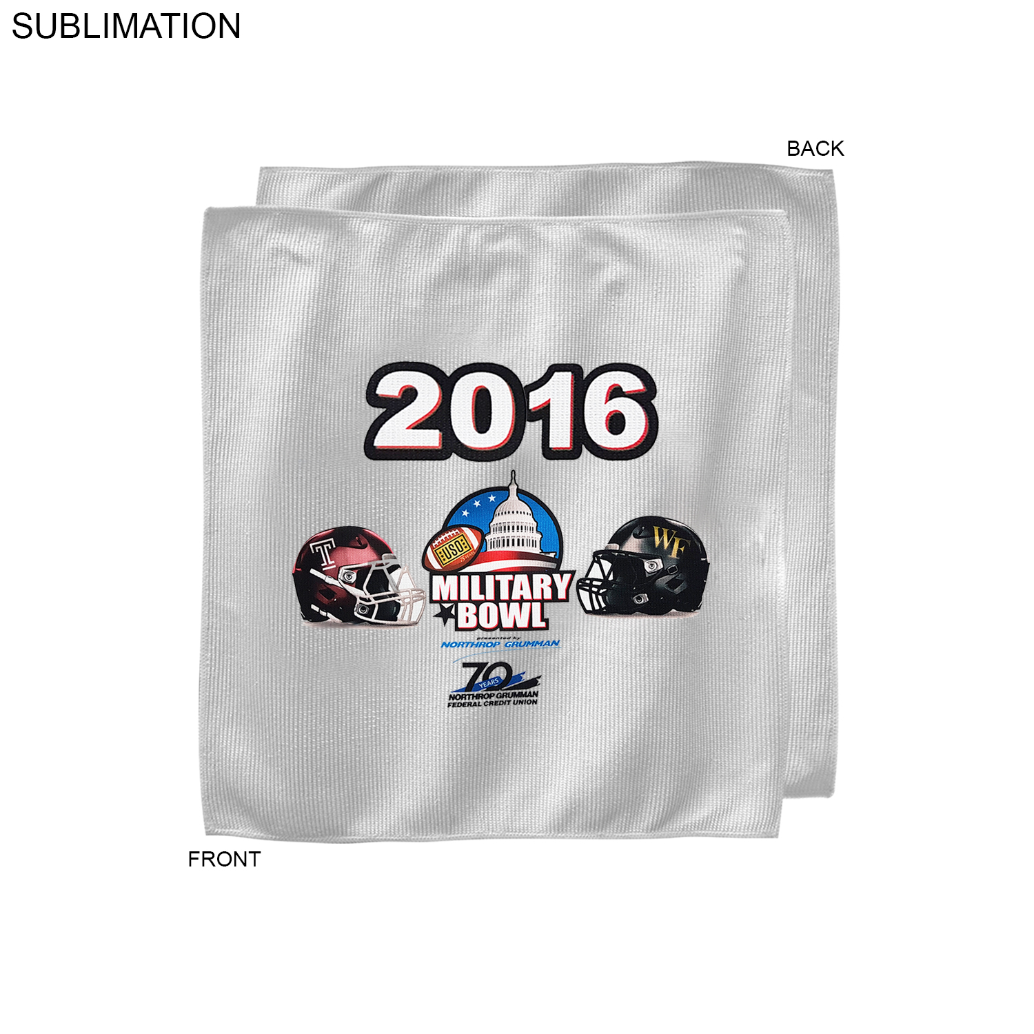 Bowl Game Rally Towel in Microfiber Dri-Lite Terry, 10x10, Sublimated Full color Logos 2