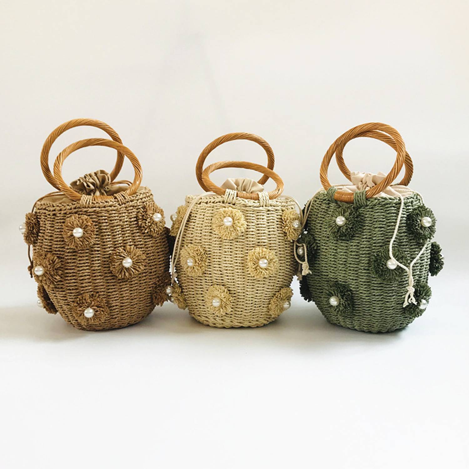 Women Woven Pearl Flower Bucket Tote Bag 4