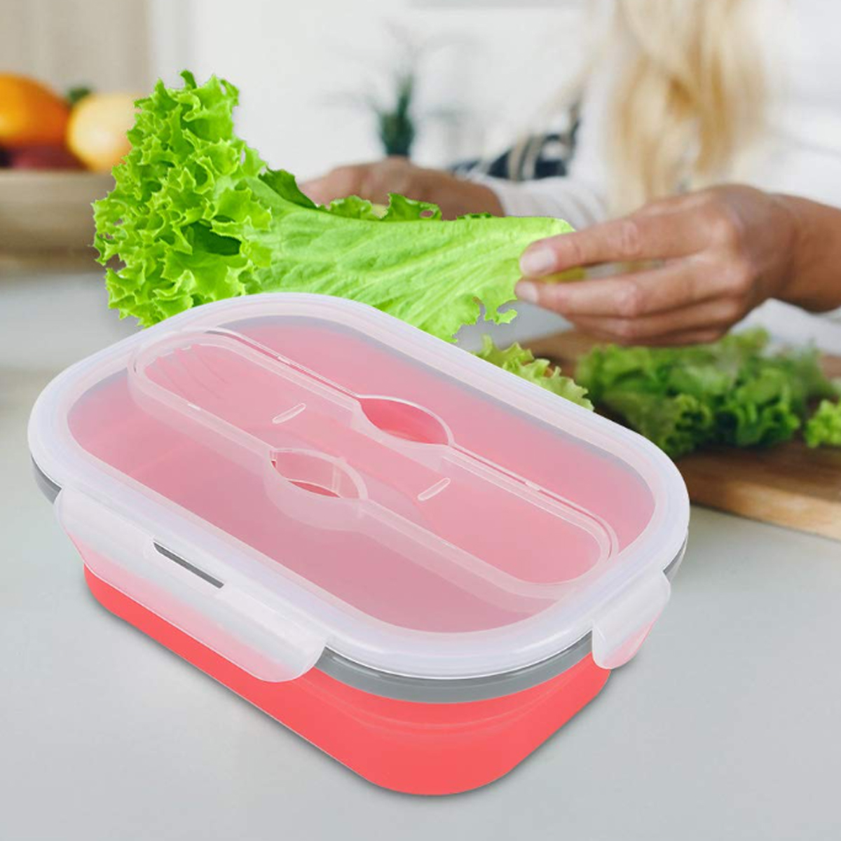 20Oz. Collapsible Silicone Lunch Box with Lid and Cutlery 5