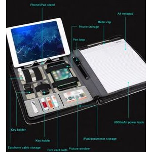 Multi-Functional Pu Leather Zipper File Folder Padfolio With Power Bank 2