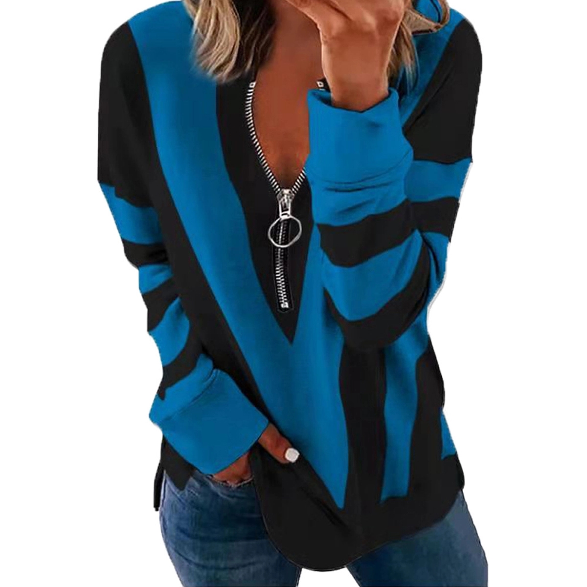 Long Sleeve Zipper V Neck Printed Tops T-Shirts 1