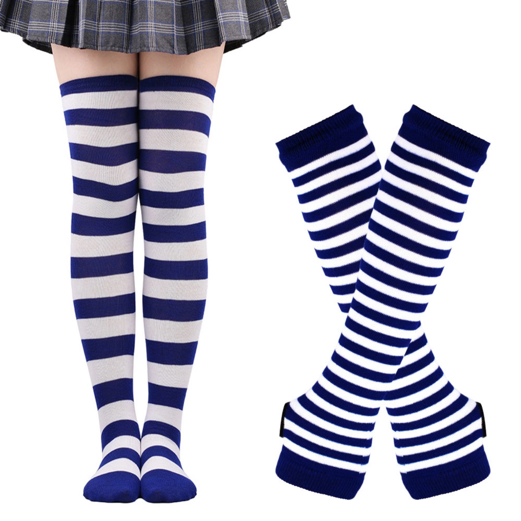 Womens Rainbow Socks Striped Knee Arm Gloves Set 2