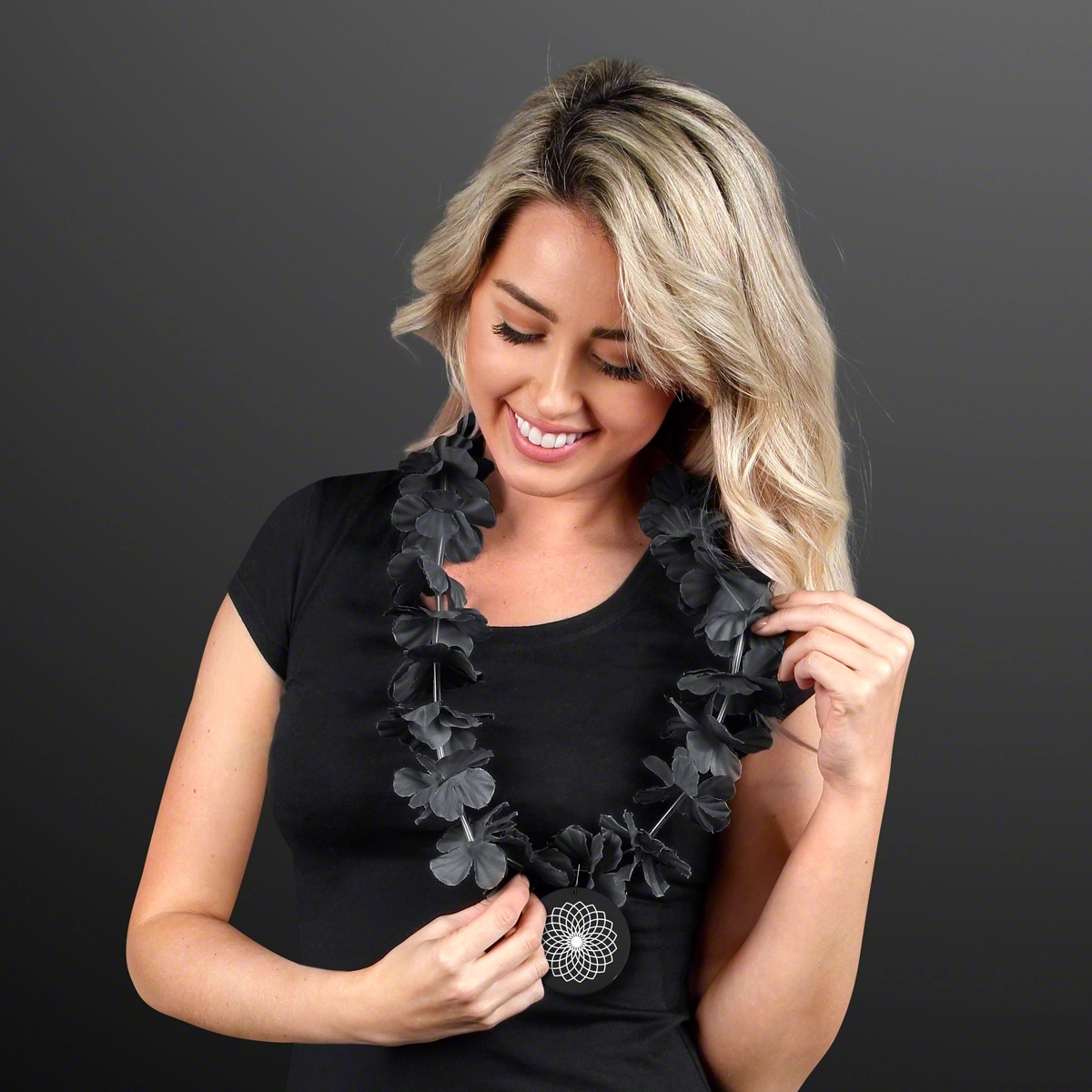 Black Flower Lei Necklace with Medallion (Non-Light Up) 2