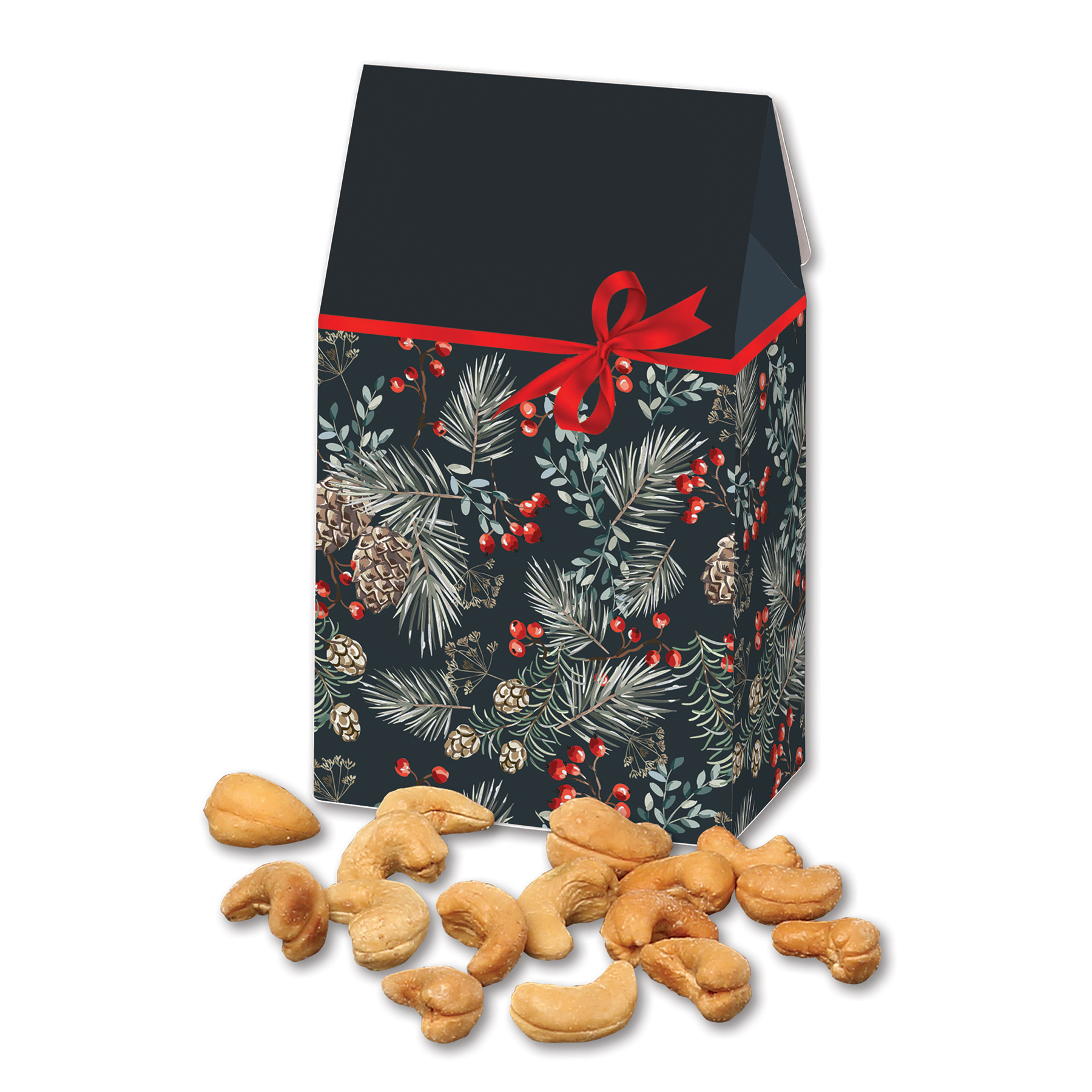Fancy Cashews in Pine Boughs & Berries Gable Top Gift Box 2