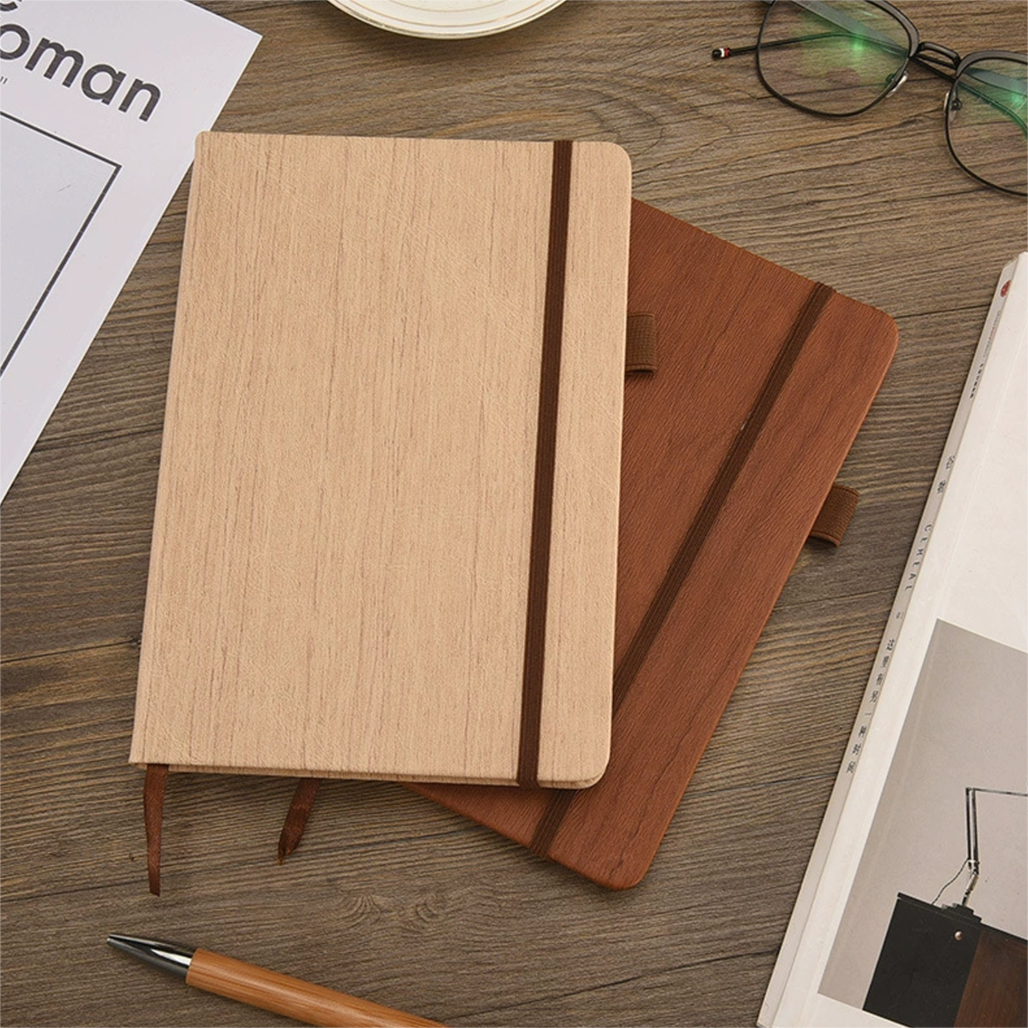 A5 PU Leather Wood Grain Notebook w/ Pen Holder 4