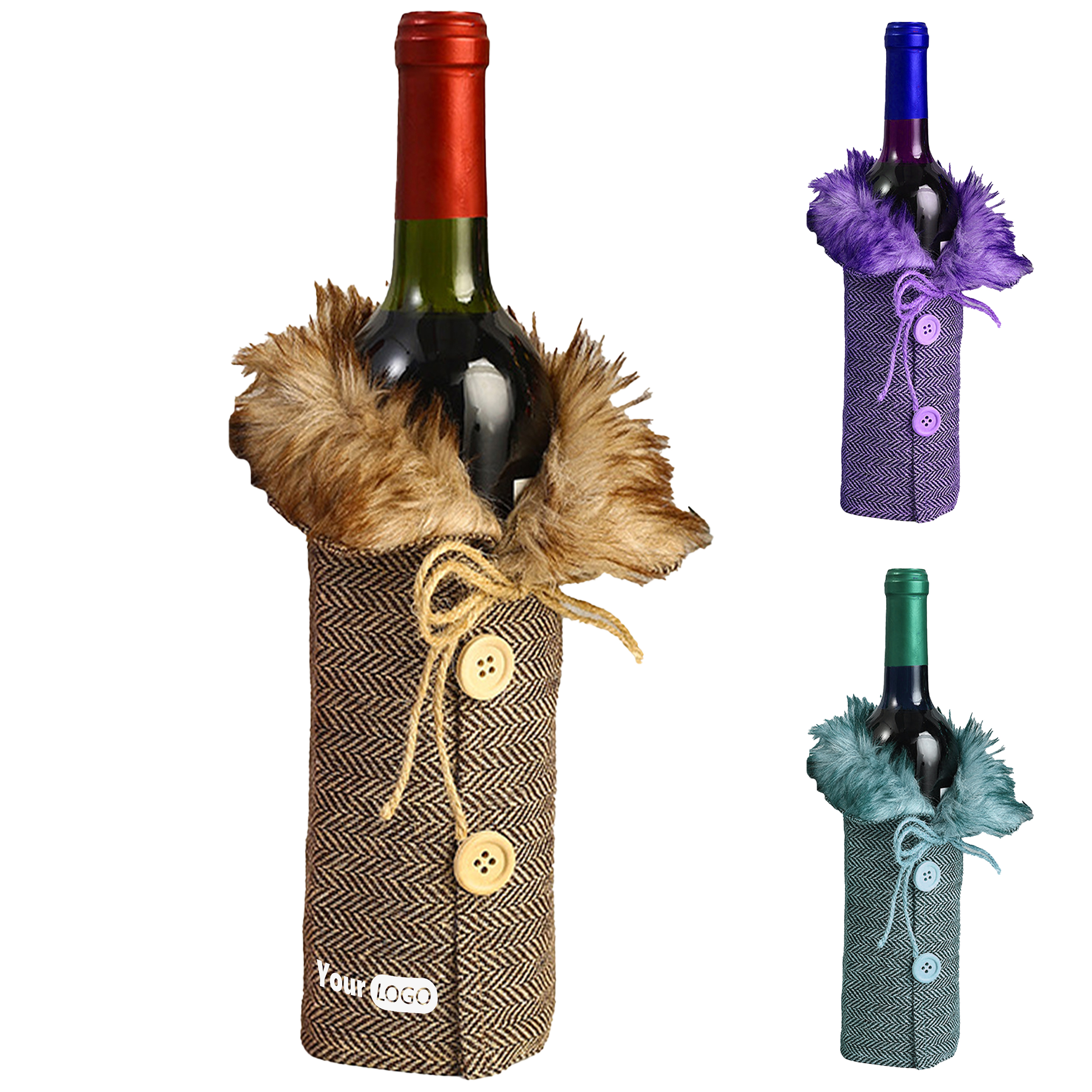 Other Fabric Winter-Themed Wine Bottle Covers With Faux Fur Trim 2