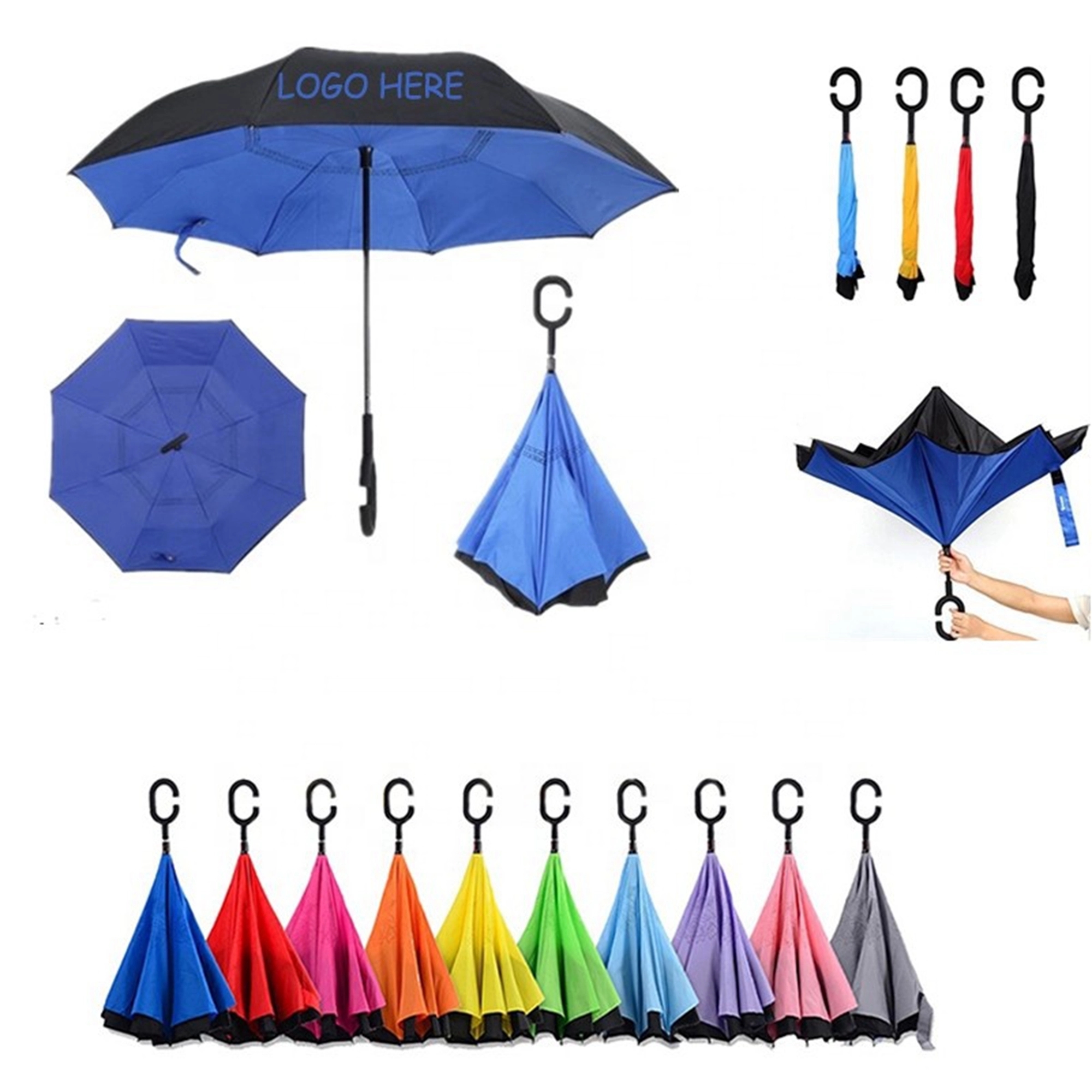 Reverse open windproof umbrella with C-handle