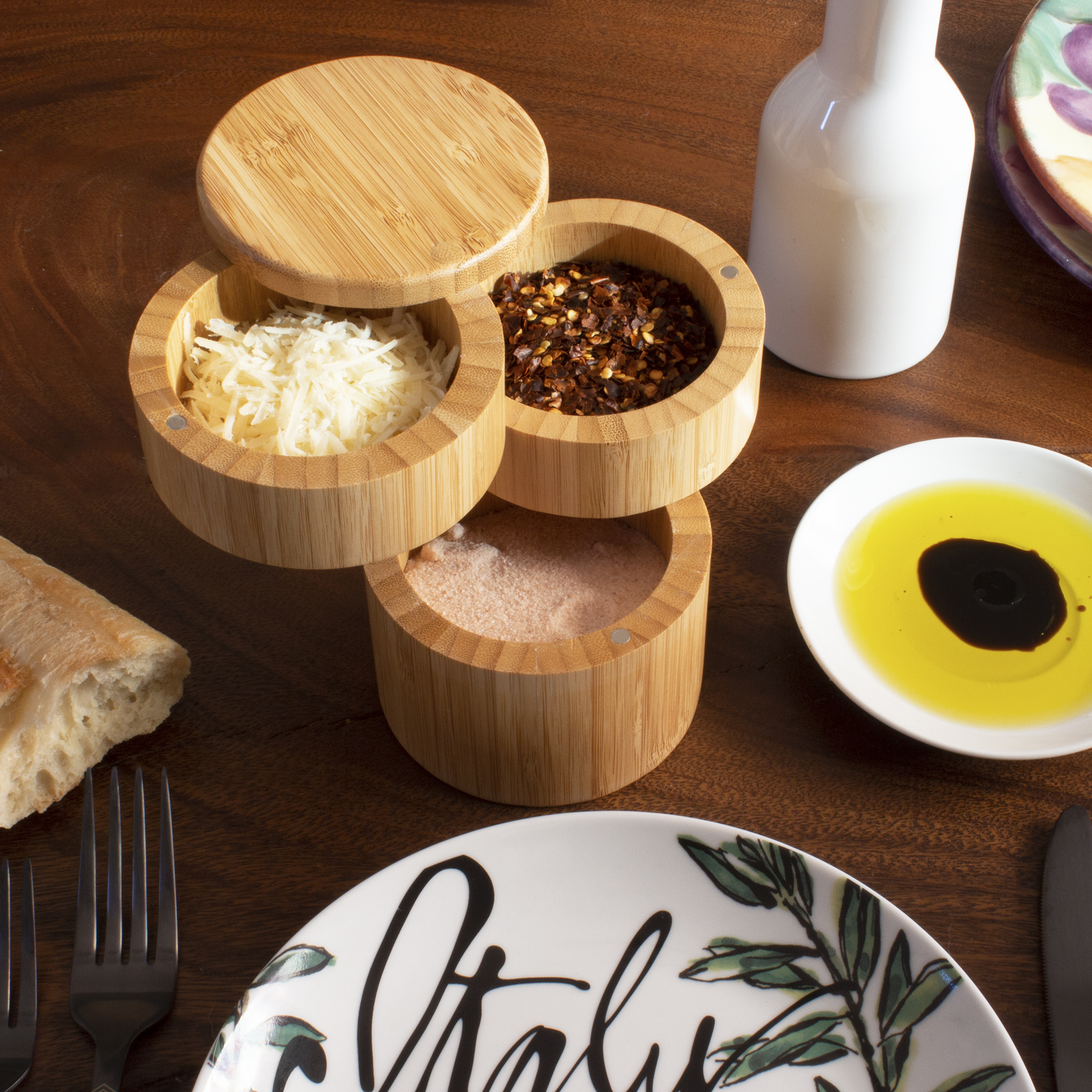 Tiered Triple Bamboo Salt Box with Magnetic Swivel Lids 9