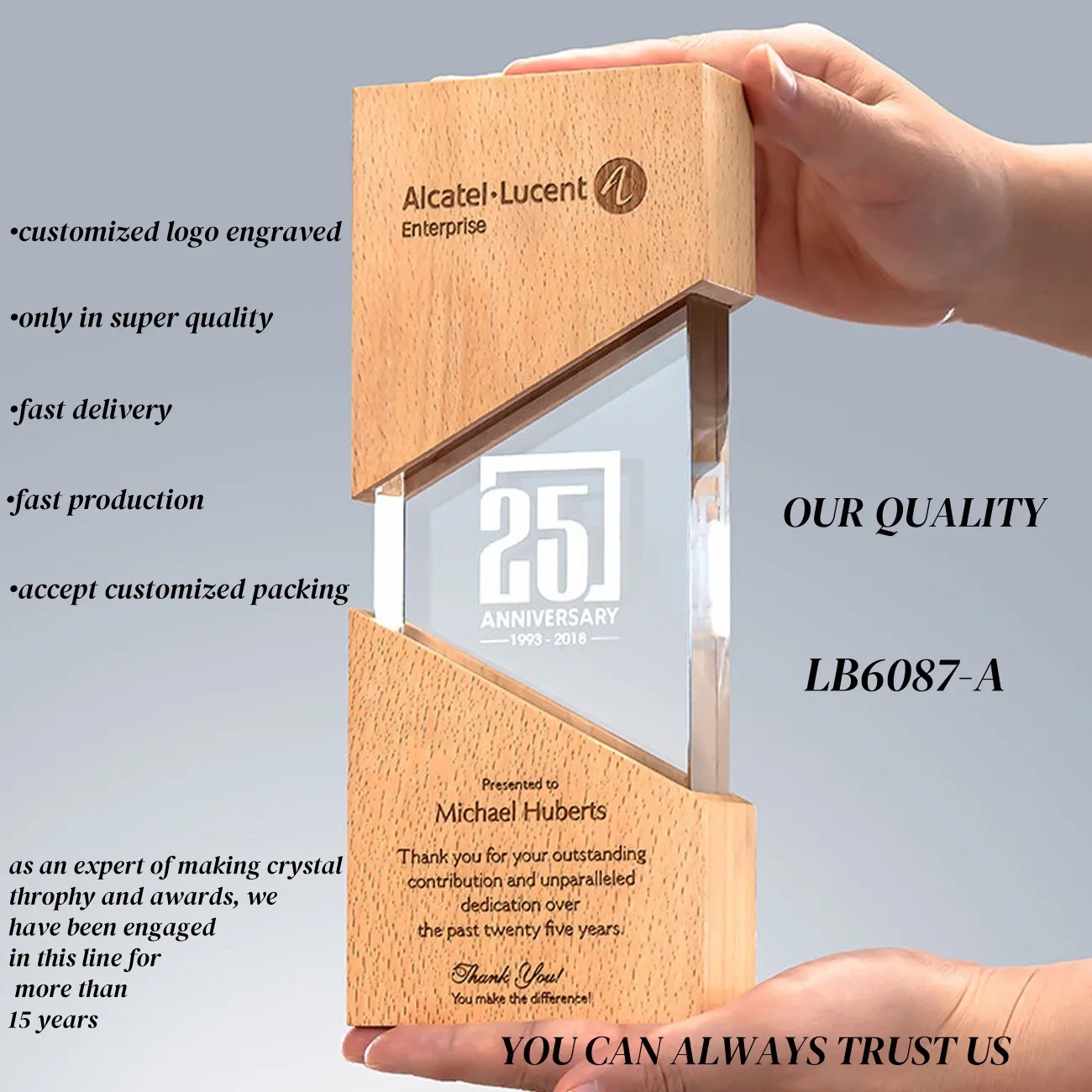Wooden Plaque Award Crystal Throphy Personalized 6