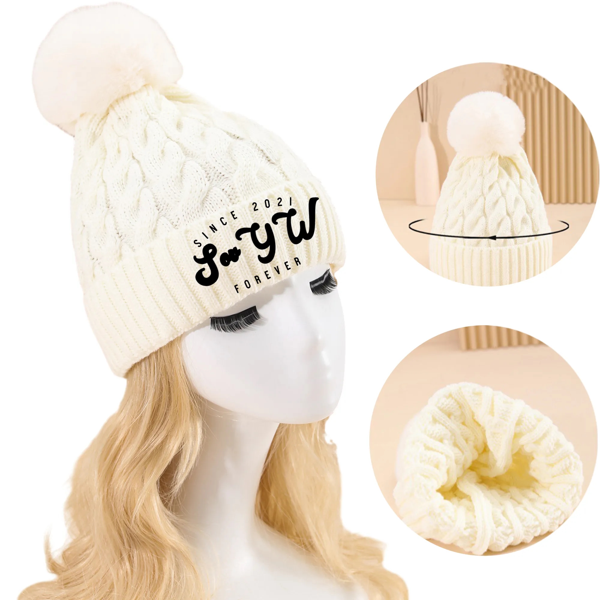 MOQ 100 Large Fur Ball Thickened Padded Knitted Cap 2