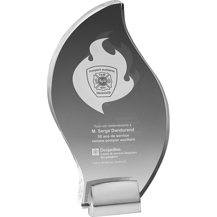 Chrome Base Clear Acrylic Flame Award (8 3/4"x 5"x 3/4") Laser Engraved